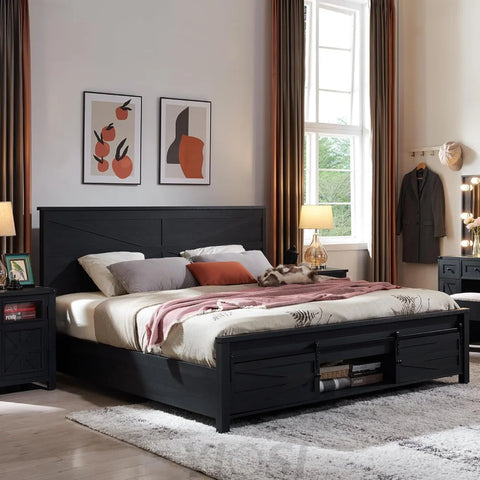 JXQTLINGMU Queen Farmhouse Bed Frame with Barn Door Headboard, Black