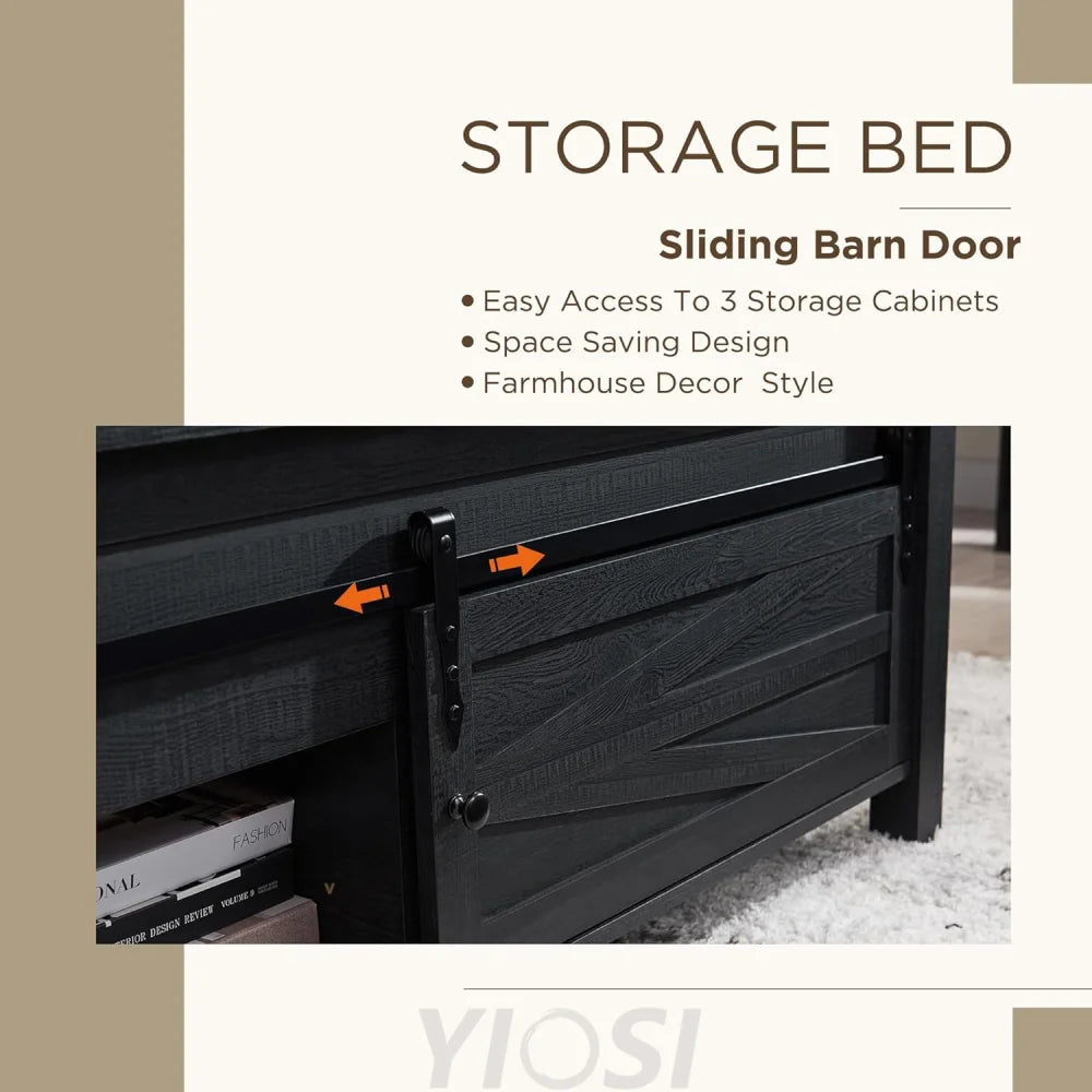 JXQTLINGMU Queen Farmhouse Bed Frame with Barn Door Headboard, Black