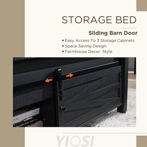 JXQTLINGMU Queen Farmhouse Bed Frame with Barn Door Headboard, Black