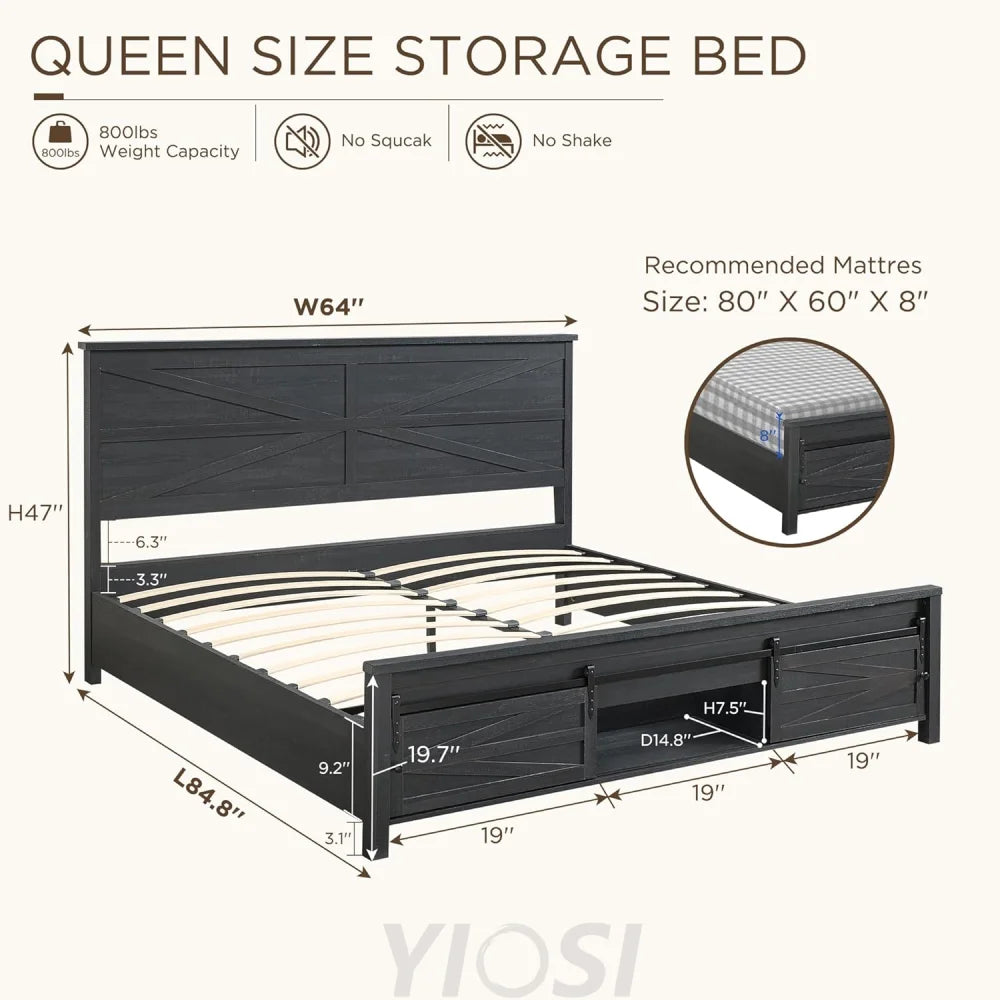 JXQTLINGMU Queen Farmhouse Bed Frame with Barn Door Headboard, Black