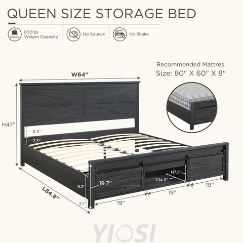 JXQTLINGMU Queen Farmhouse Bed Frame with Barn Door Headboard, Black