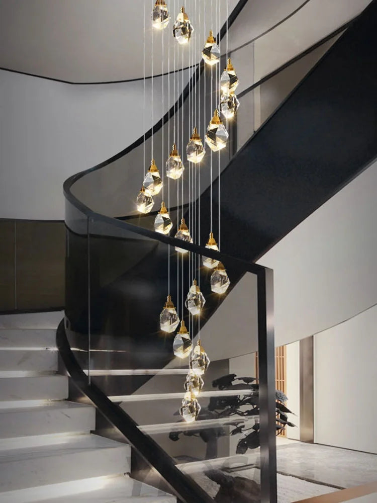 Rameau Modern Faceted Crystal Staircase Chandelier Custom