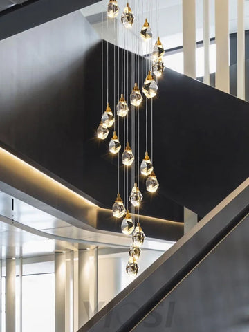 Rameau Modern Faceted Crystal Staircase Chandelier Custom