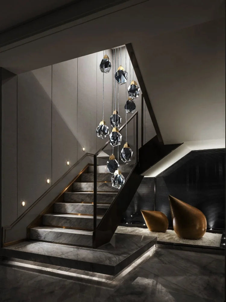 Rameau Modern Faceted Crystal Staircase Chandelier Custom