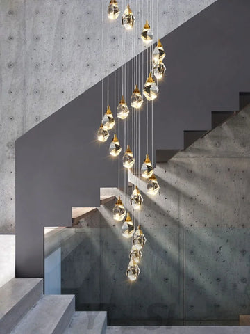 Rameau Modern Faceted Crystal Staircase Chandelier Custom