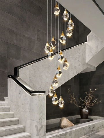 Rameau Modern Faceted Crystal Staircase Chandelier Custom