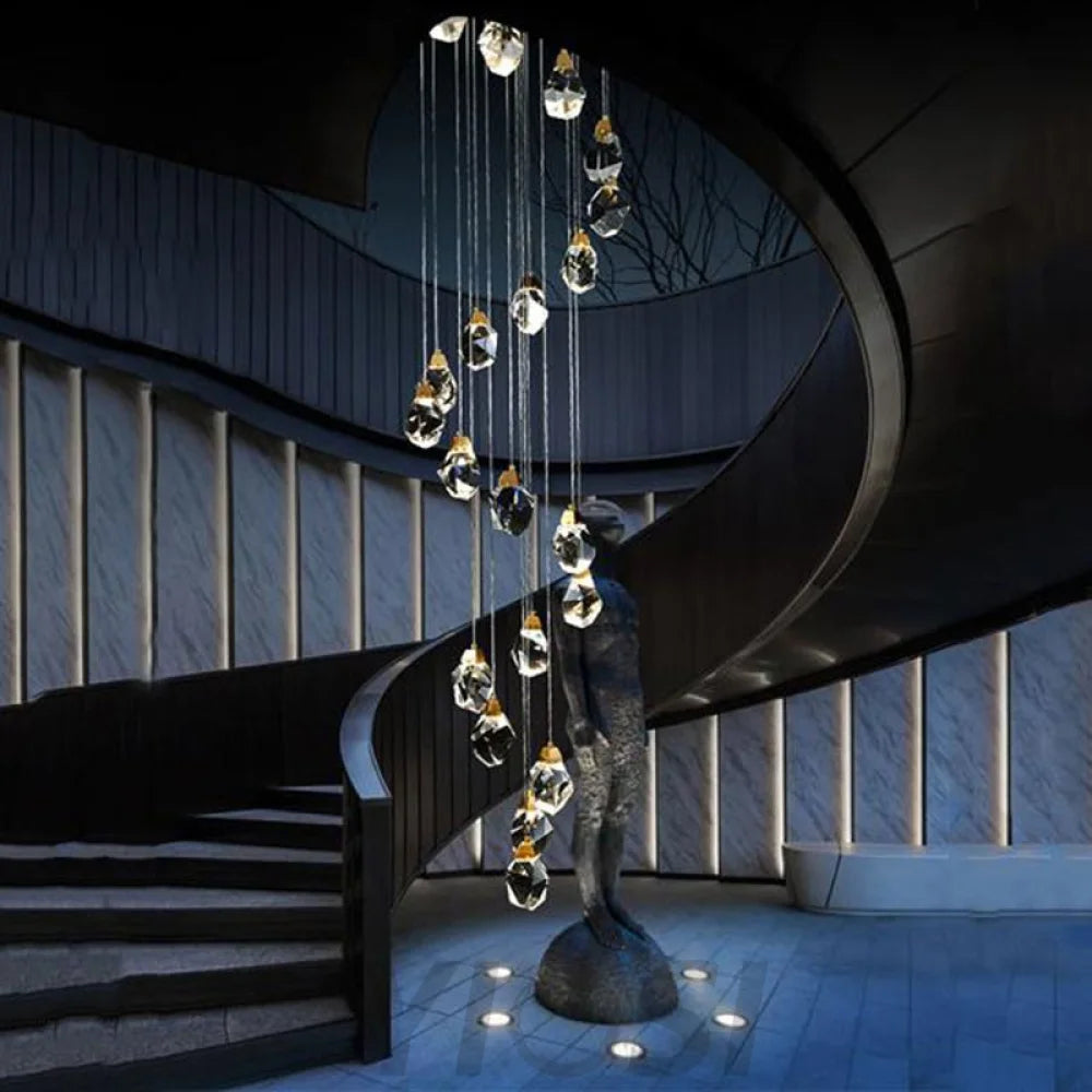 Rameau Modern Faceted Crystal Staircase Chandelier Custom