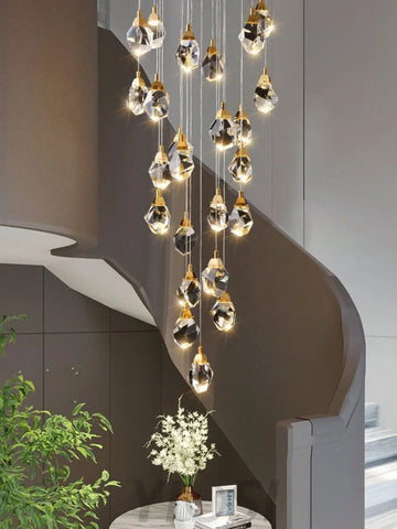 Rameau Modern Faceted Crystal Staircase Chandelier Custom