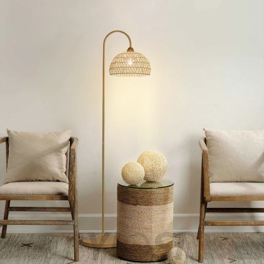 Rattan Arch Floor Lamp ∅ 11.8″ - Beige, Rattan-1-Yiosilamp