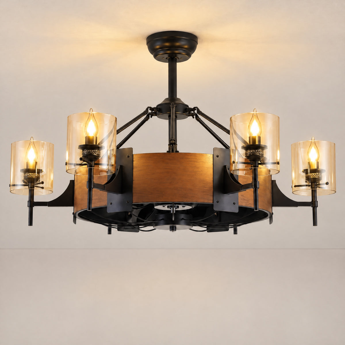 Retractable Blade Ceiling Fan with Amber Glass Chandelier – lights on