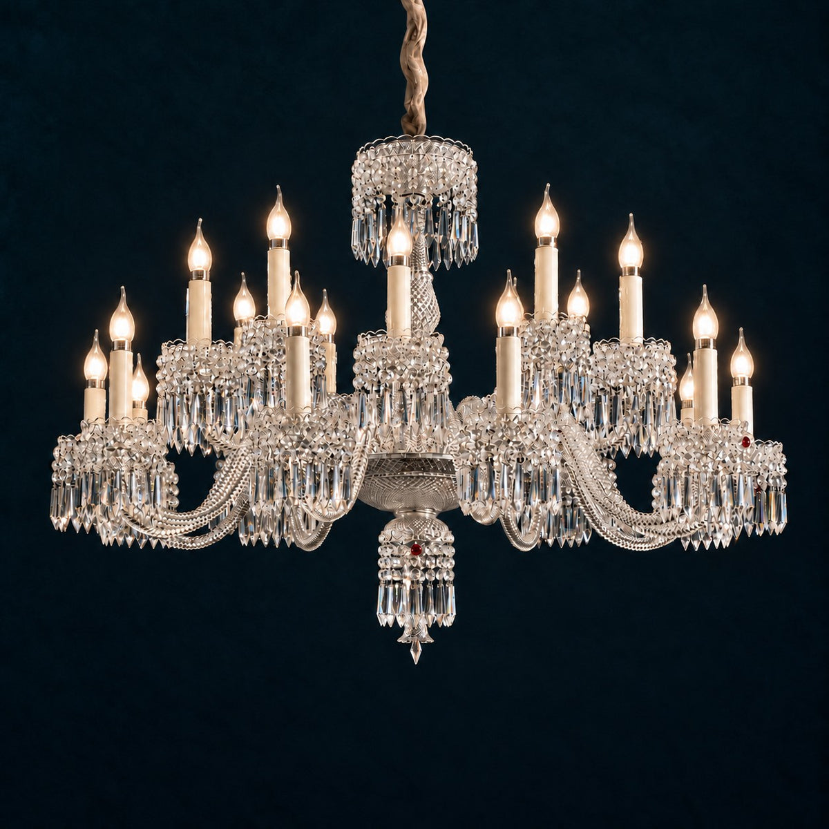Riventa Clear Crystal 24-Light Chandelier 41.7" on a deep teal-blue wall