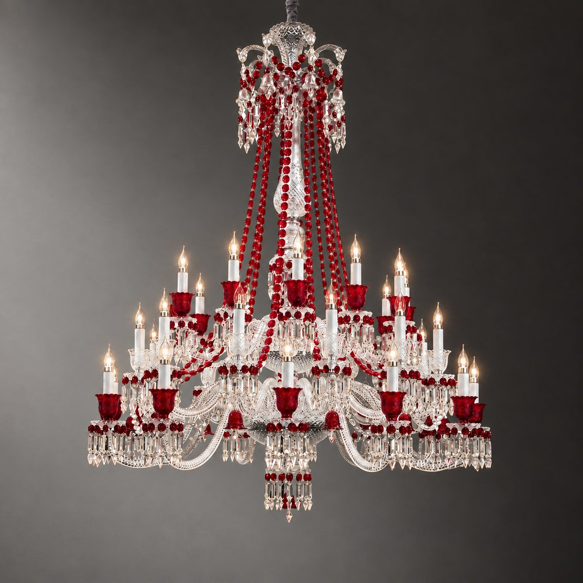 Ronesa Red Two-Tier Crystal 36-Light Chandelier 51.2" on a dark olive wall