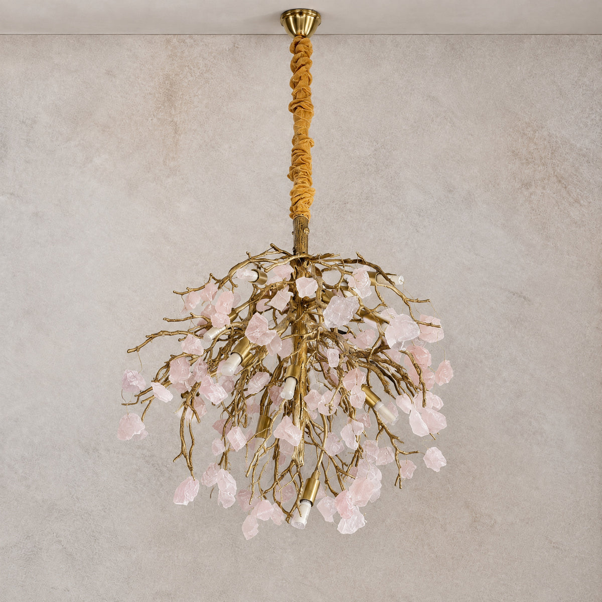 Rose Quartz Crystal Branch Chandelier in Textured Gold – lights off