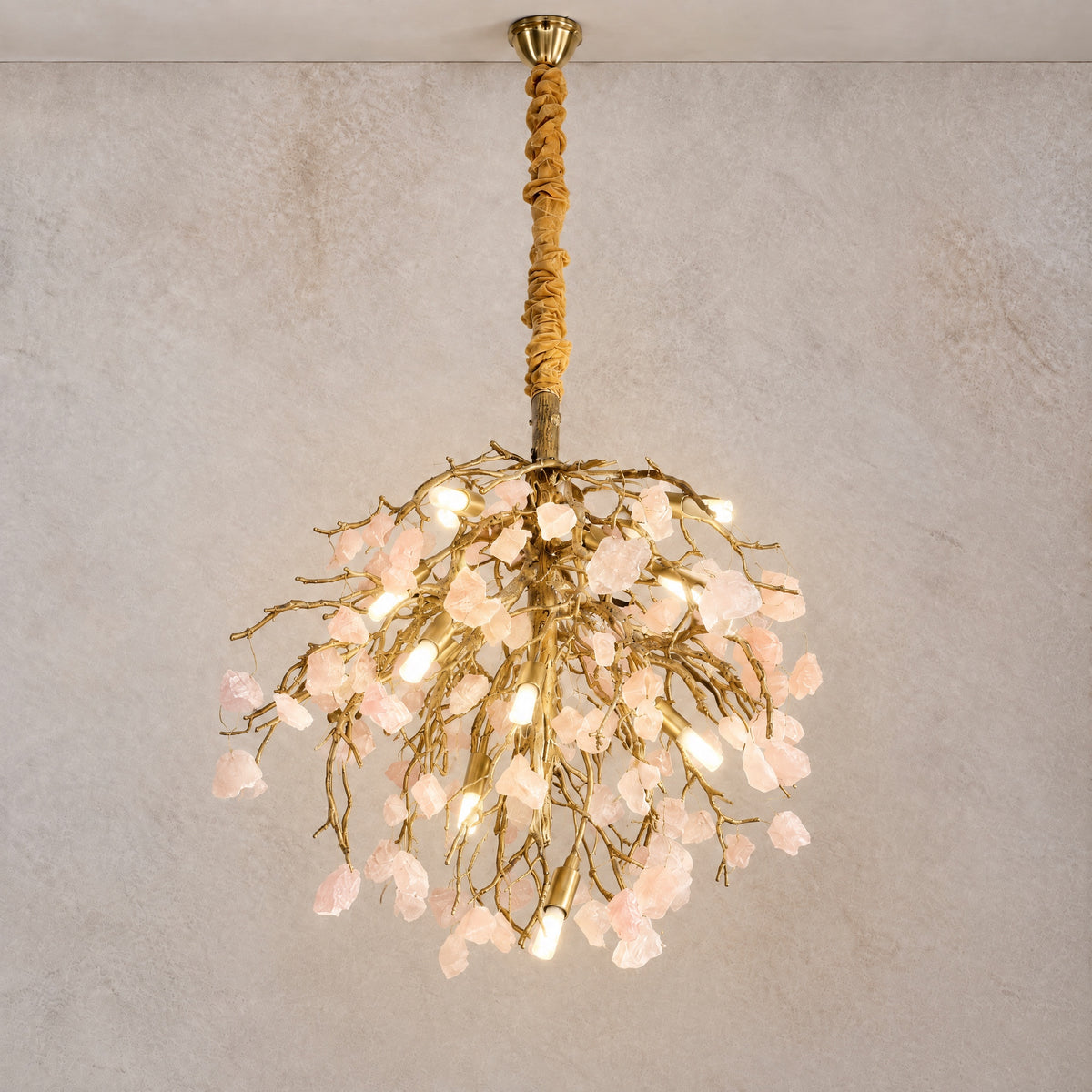 Rose Quartz Crystal Branch Chandelier in Textured Gold – lights on