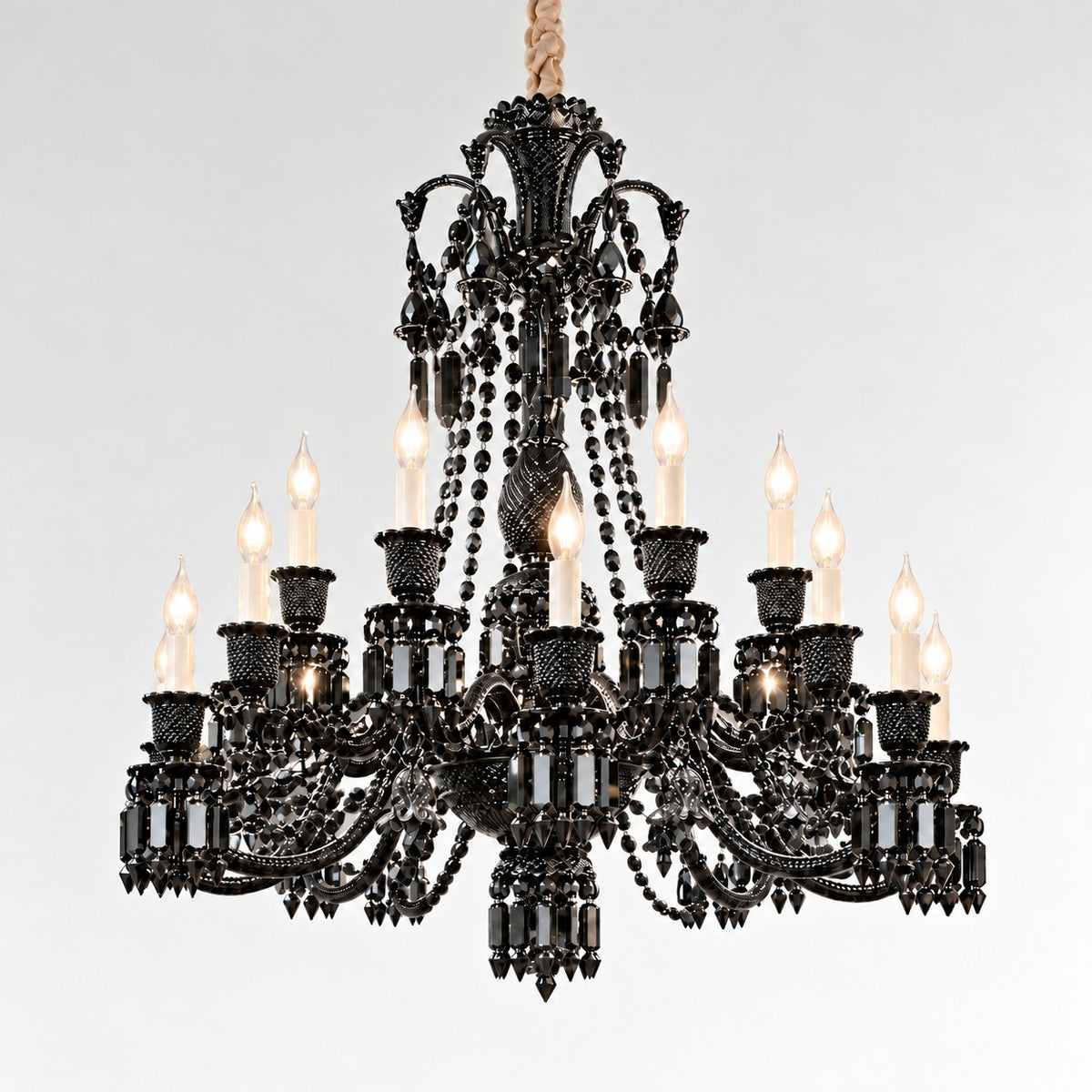 Rovena Black Tiered Crystal 18-Light Chandelier 40.2" on a light warm plaster wall
