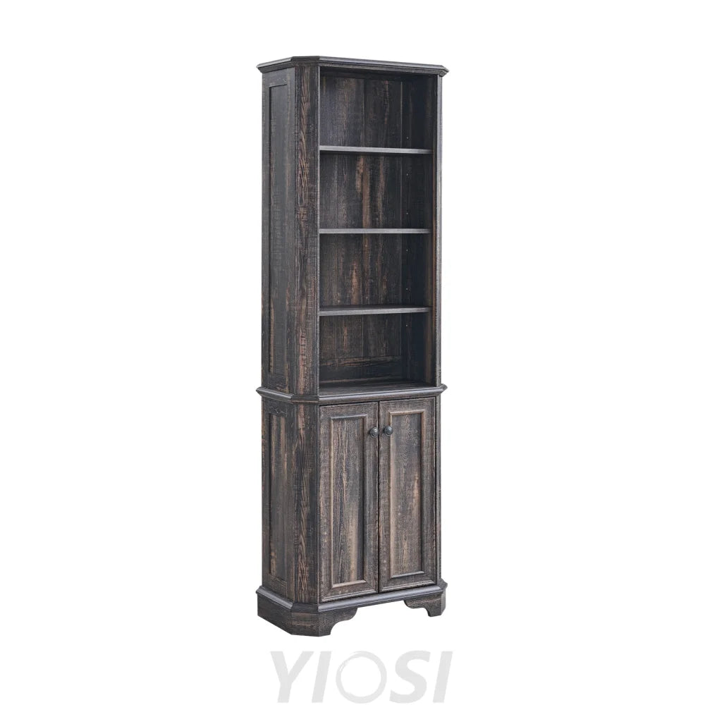 Rustic 6-Tier Bookshelf with Doors and Adjustable Shelves