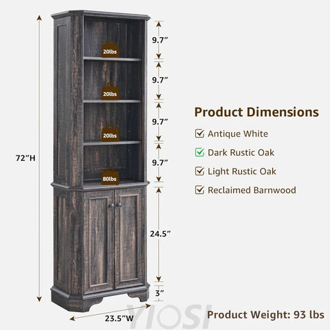Rustic Oak 6-Tier Bookshelf with Doors and Adjustable Shelves