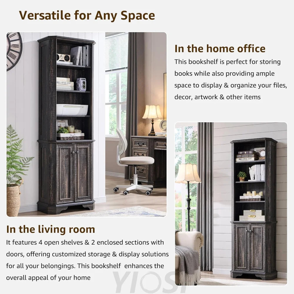 Rustic Oak 6-Tier Bookshelf with Doors and Adjustable Shelves