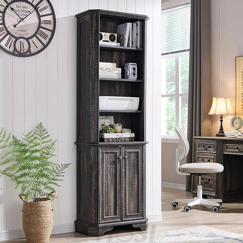 Rustic Oak 6-Tier Bookshelf with Doors and Adjustable Shelves