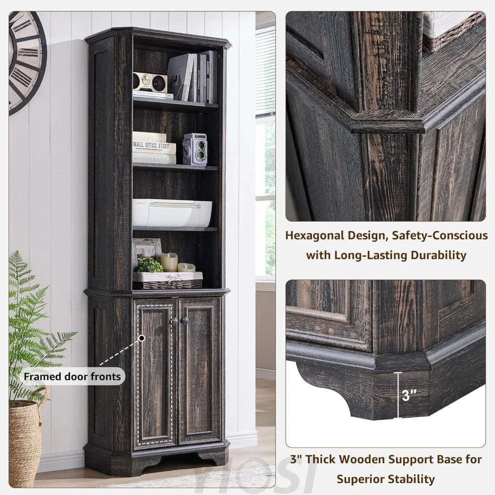 Rustic Oak 6-Tier Bookshelf with Doors and Adjustable Shelves