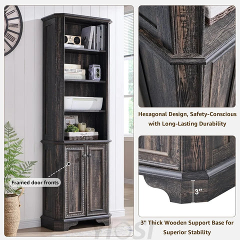 Rustic Oak 6-Tier Bookshelf with Doors and Adjustable Shelves