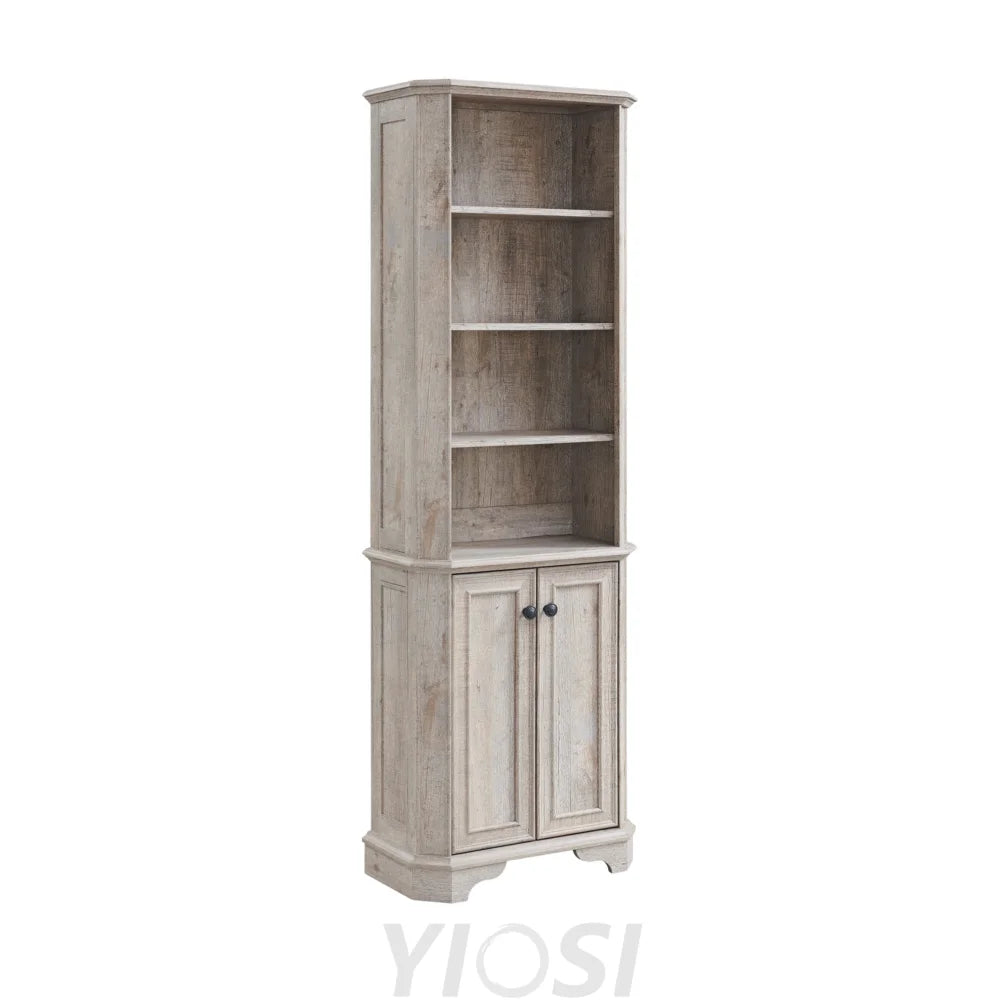 Rustic 6-Tier Bookshelf with Doors and Adjustable Shelves