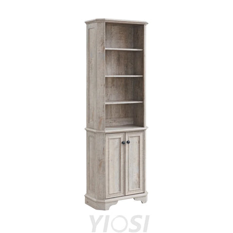 Rustic 6-Tier Bookshelf with Doors and Adjustable Shelves
