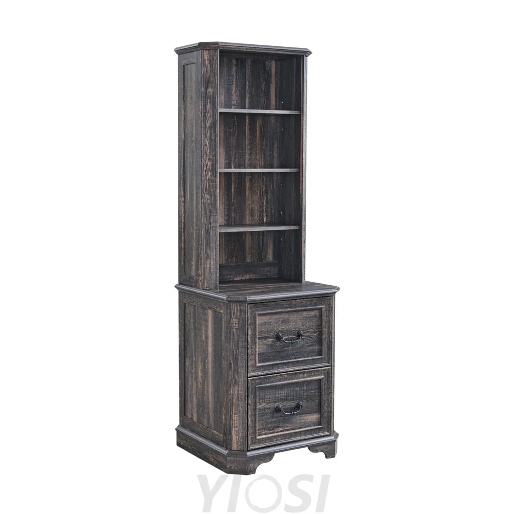 Rustic 6-Tier Bookshelf with Doors and Adjustable Shelves Dark Rustic Oak / Bookcase with Drawers