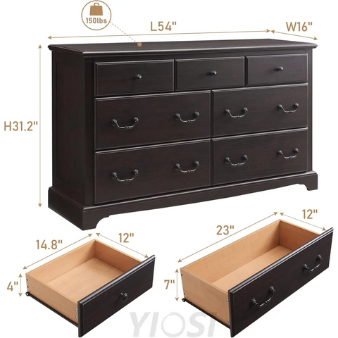 Rustic 7 Drawer Wood Dresser Chest for Bedroom