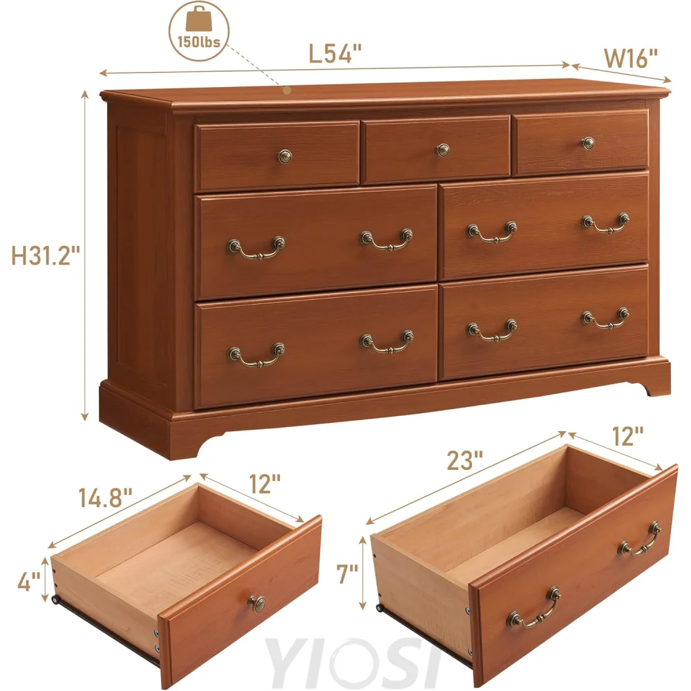 Rustic 7 Drawer Wood Dresser Chest for Bedroom