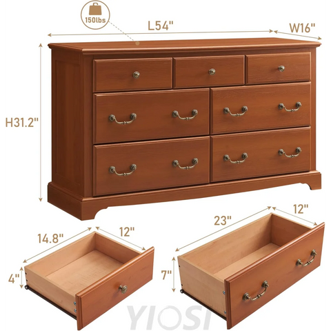 Rustic 7 Drawer Wood Dresser Chest for Bedroom