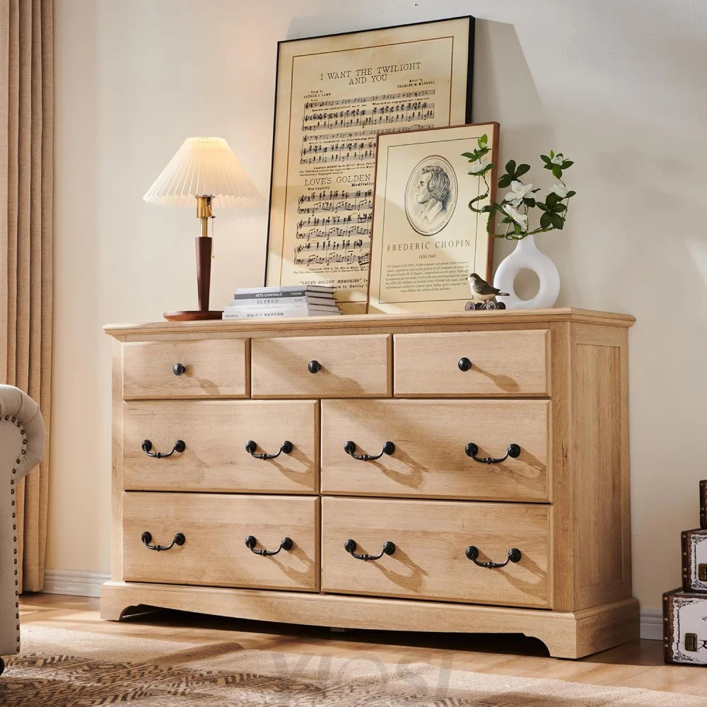 Rustic 7 Drawer Wood Dresser Chest for Bedroom Natural Oak