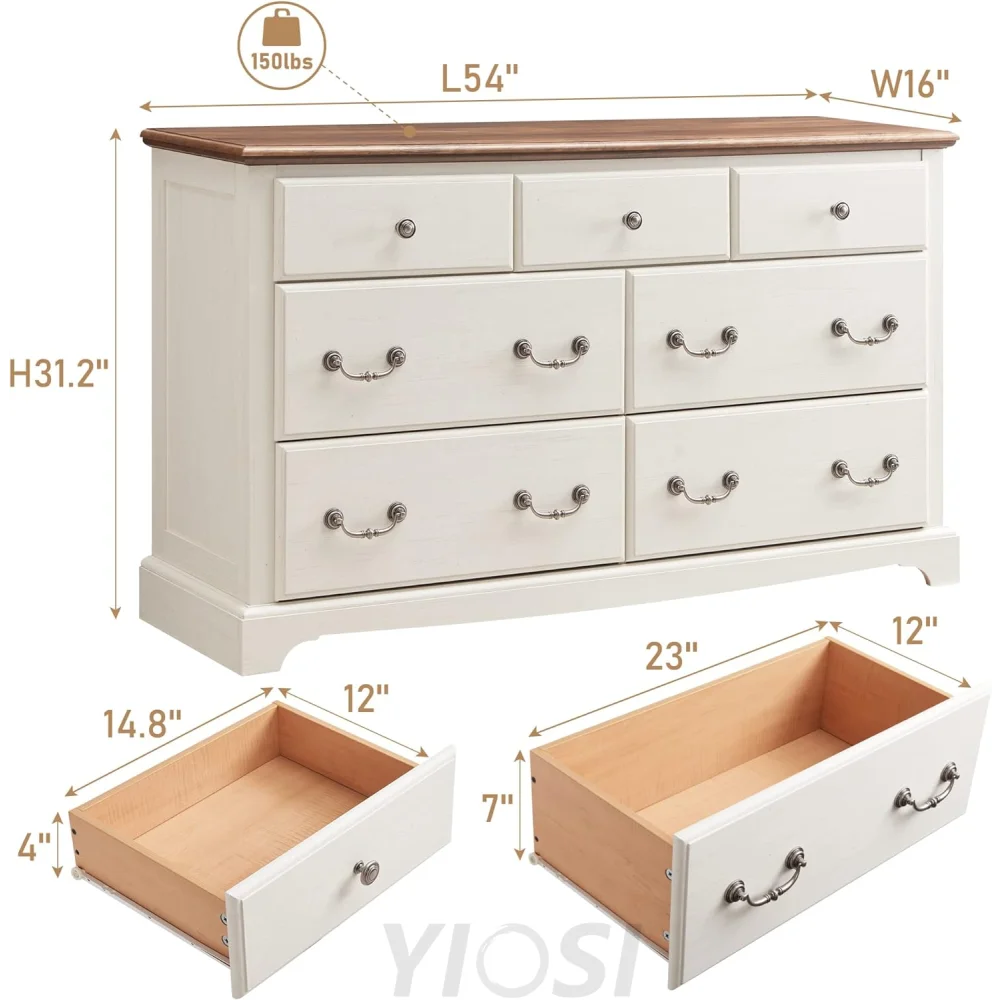 T4TREAM 7 Drawer Rustic Wood Dresser Chest for Bedroom, White