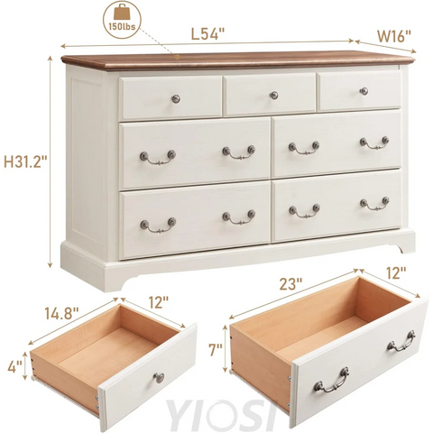T4TREAM 7 Drawer Rustic Wood Dresser Chest for Bedroom, White