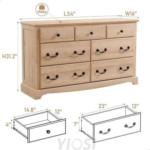 Rustic 7 Drawer Wood Dresser Chest for Bedroom