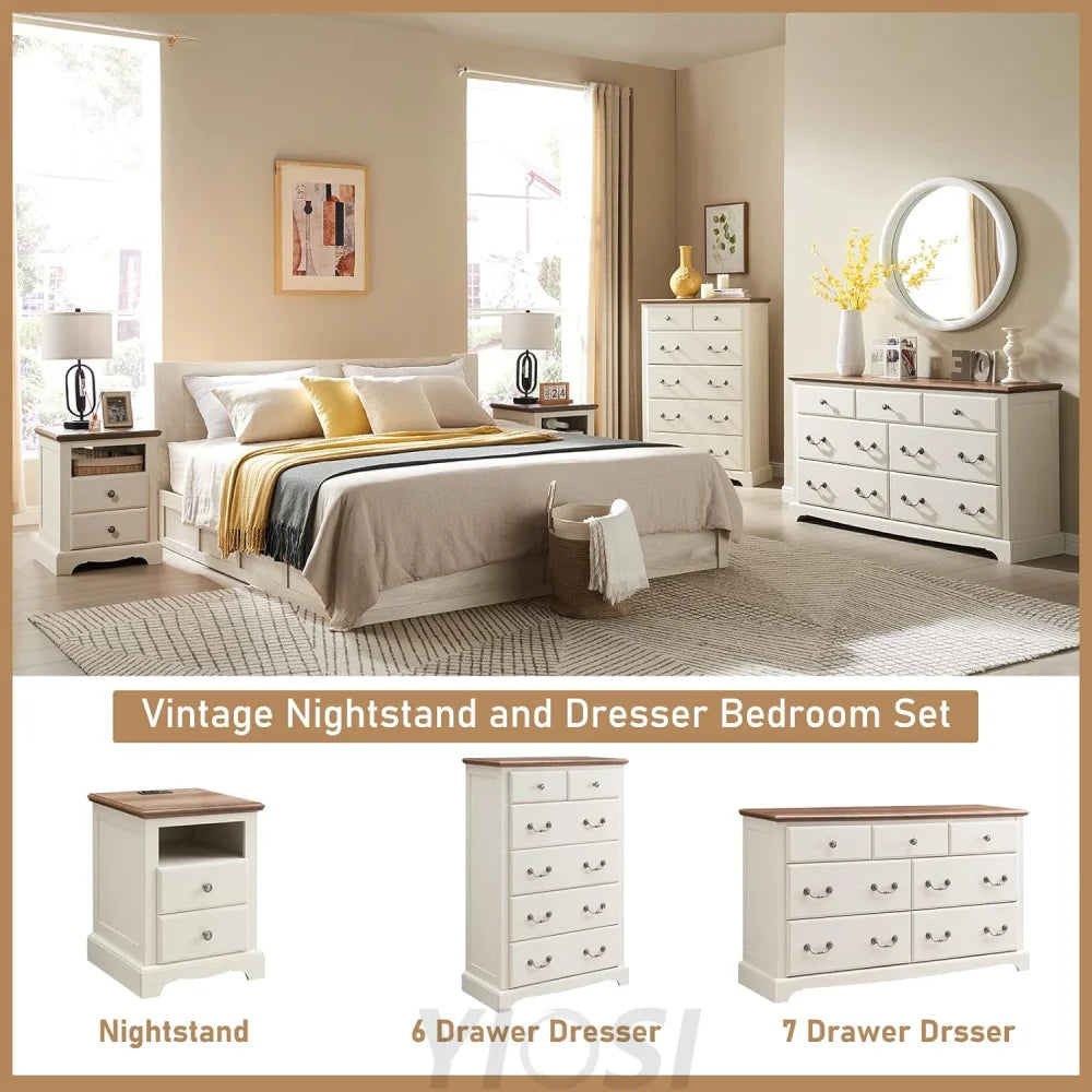 T4TREAM 7 Drawer Rustic Wood Dresser Chest for Bedroom, White