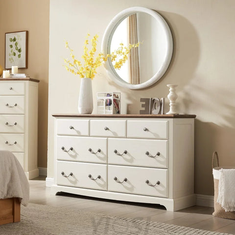 T4TREAM 7 Drawer Rustic Wood Dresser Chest for Bedroom, White