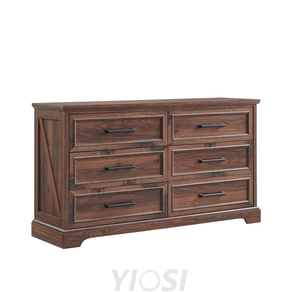 Rustic Farmhouse 6 Drawer Dresser | Wide Chest TV Stand Black 52’’ 16’’D x 52’’W x 30’’H (6 Drawers) / Brown