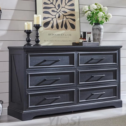 Rustic Farmhouse 6 Drawer Dresser | Wide Chest TV Stand, Black