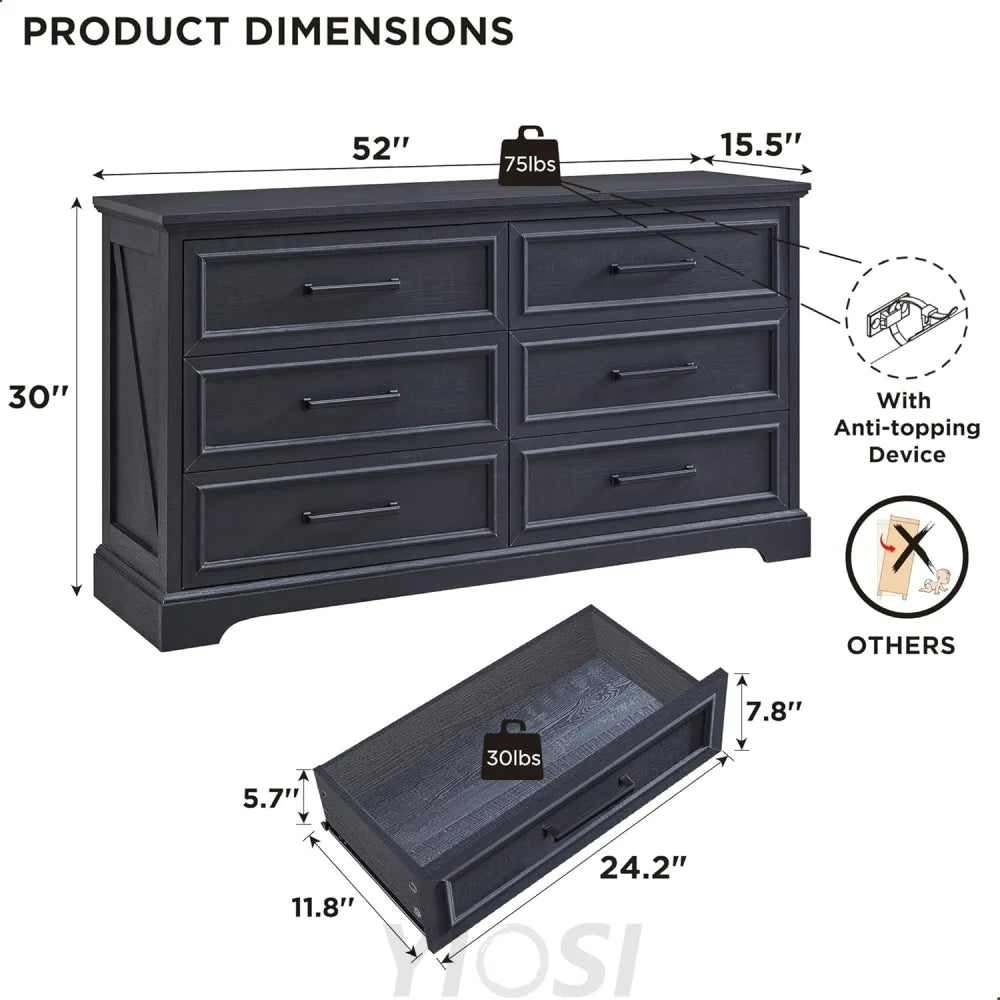 Rustic Farmhouse 6 Drawer Dresser | Wide Chest TV Stand, Black