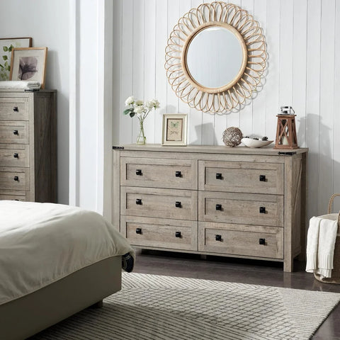 Rustic Farmhouse 6-Drawer Wood Dresser | Bedroom Storage Organizer