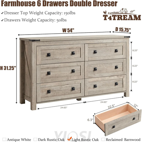 Rustic Farmhouse 6-Drawer Wood Dresser | Bedroom Storage Organizer