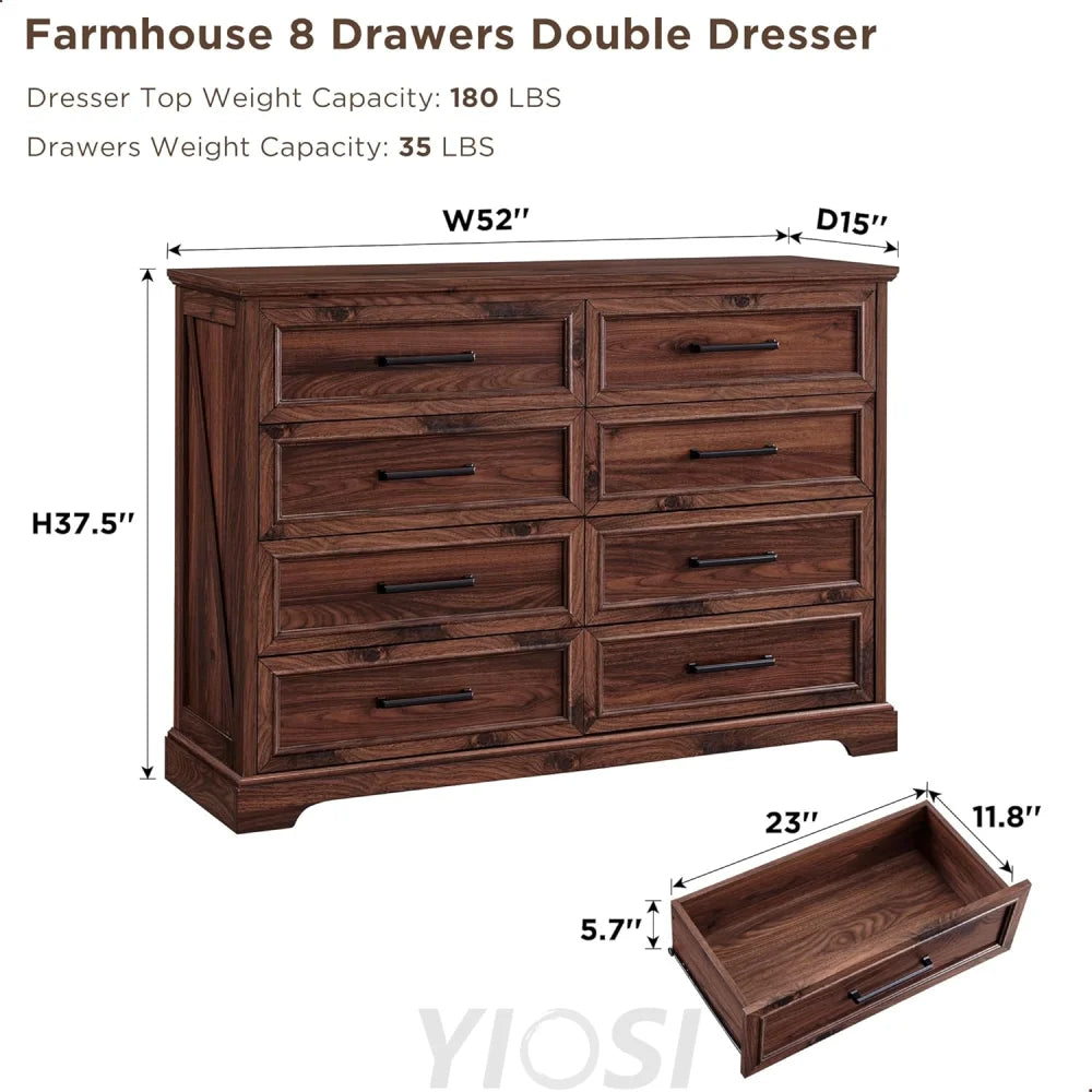 Rustic Farmhouse 8 Drawer Dresser Chest: Wide Wood Organizer