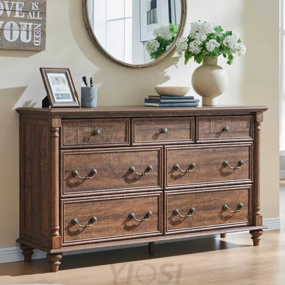 Rustic Farmhouse 7 Drawer Dresser Chest for Bedroom