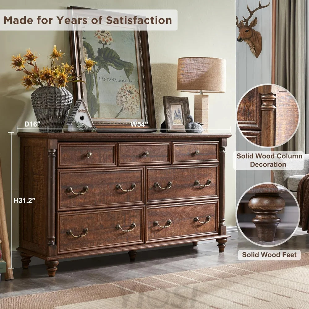 Rustic Farmhouse 7 Drawer Dresser Chest for Bedroom