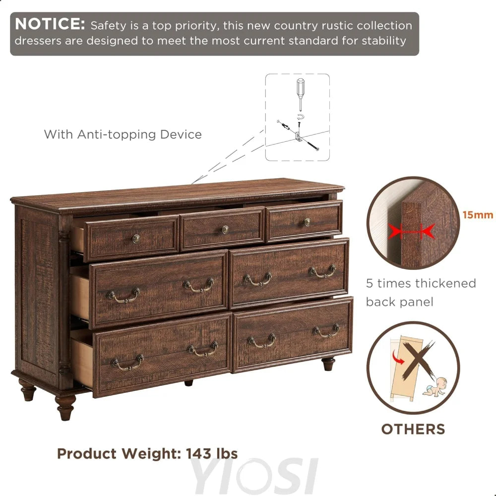 Rustic Farmhouse 7 Drawer Dresser Chest for Bedroom