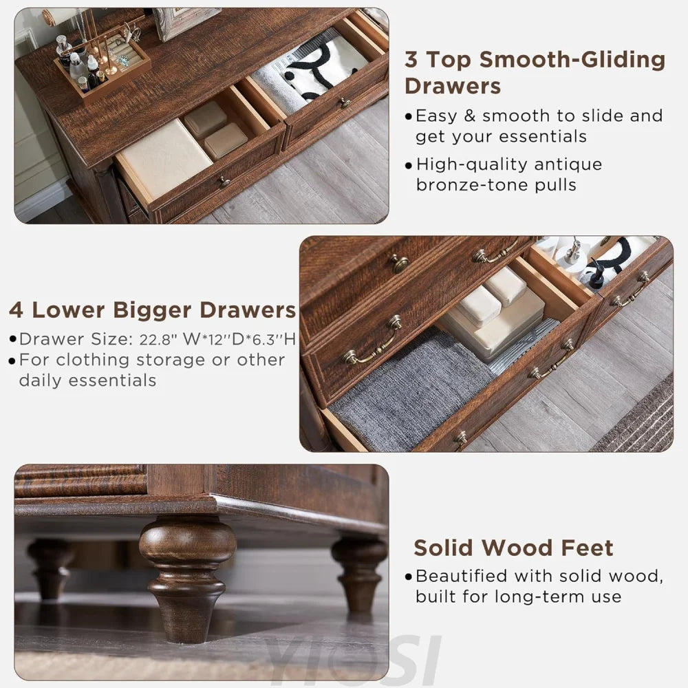 Rustic Farmhouse 7 Drawer Dresser Chest for Bedroom