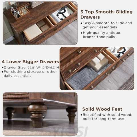 Rustic Farmhouse 7 Drawer Dresser Chest for Bedroom