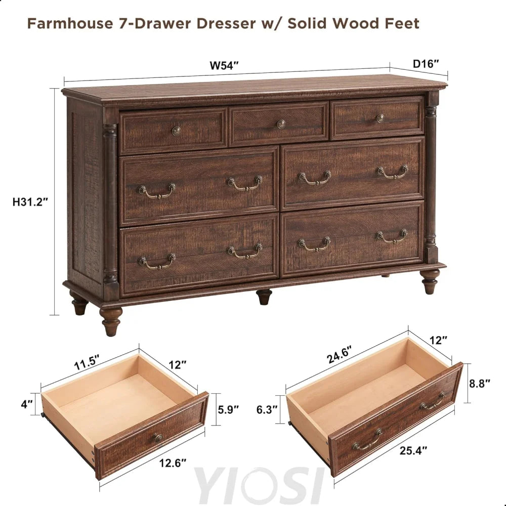 Rustic Farmhouse 7 Drawer Dresser Chest for Bedroom