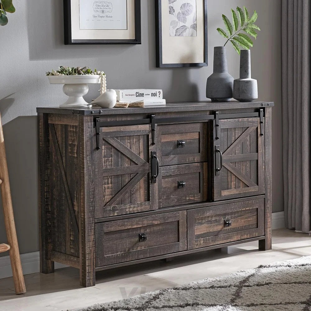 Rustic Farmhouse Dresser with Barn Doors, 4 Drawers, Dark Oak